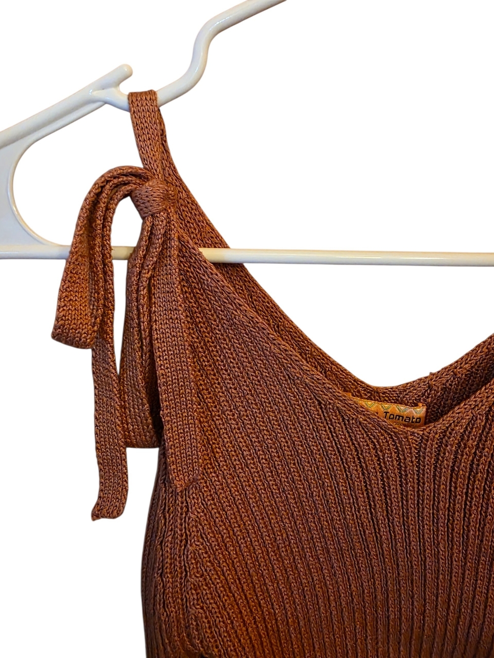 Flying Tomato Rust Tie-Shoulder Ribbed Off-Shoulder Top - Picture 2 of 3